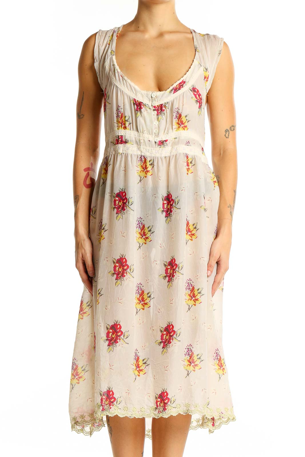 Cream Floral Midi Dress Front