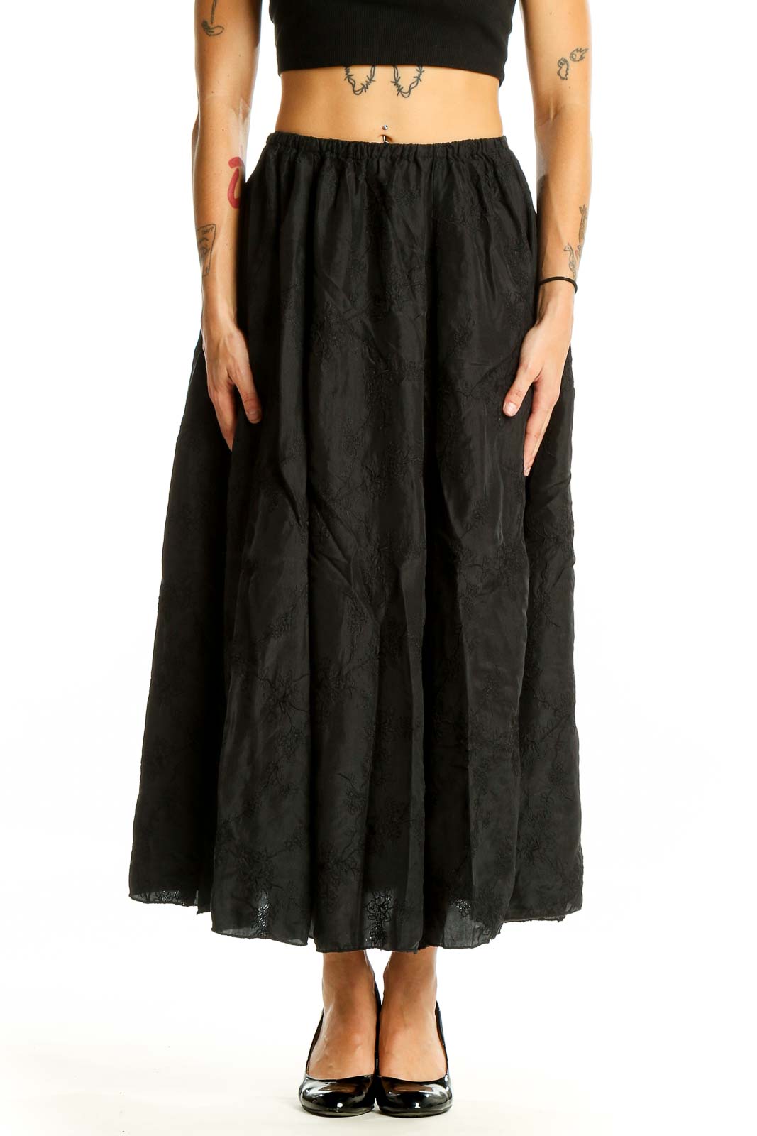 Black Cotton Flowy Maxi Skirt Front