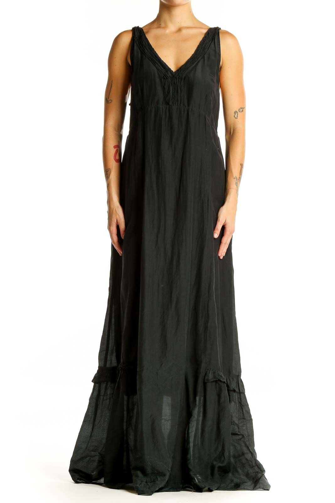 Black Flowy V-Neck Maxi Dress Front