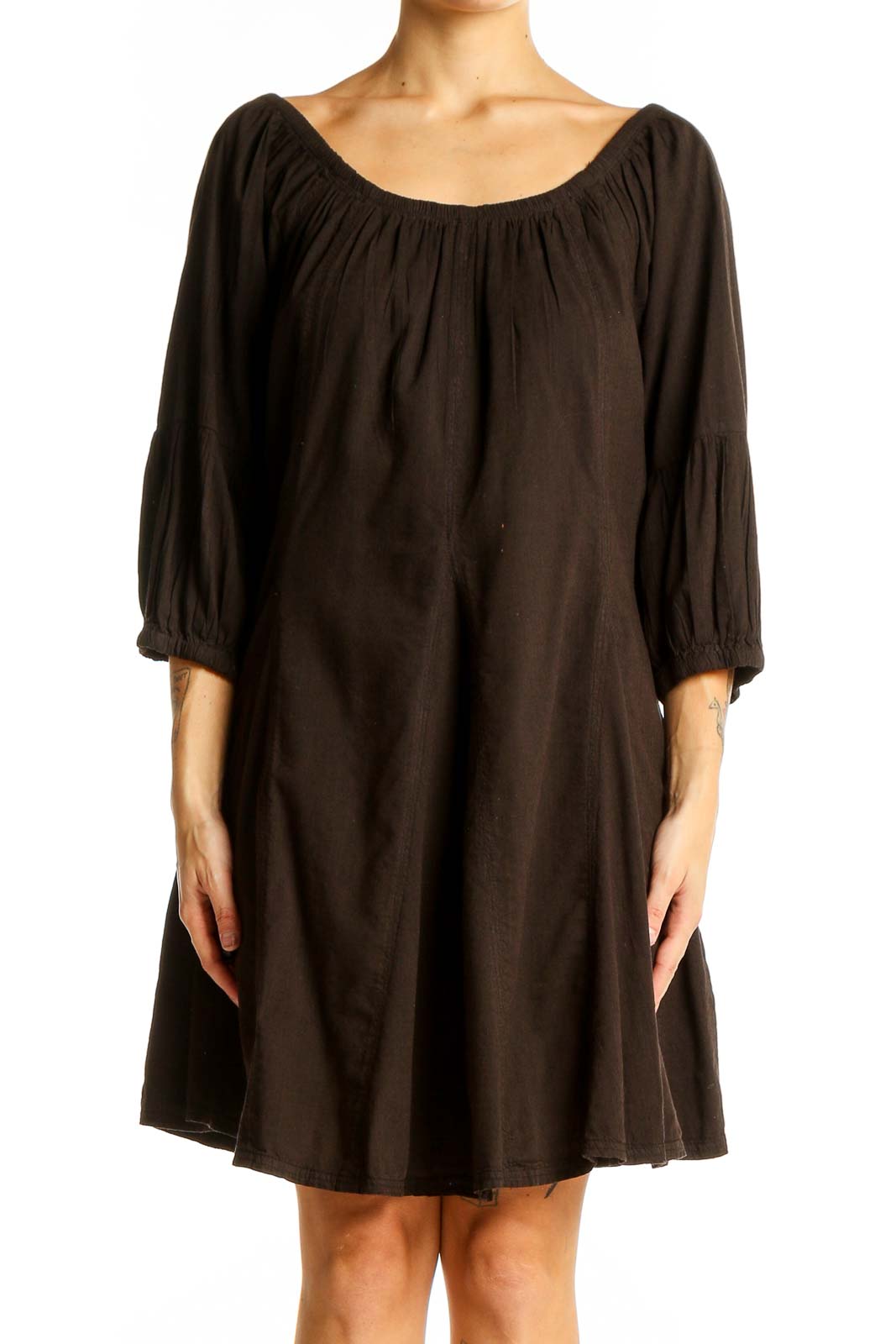 Brown Flowy Peasant Mini Dress Front