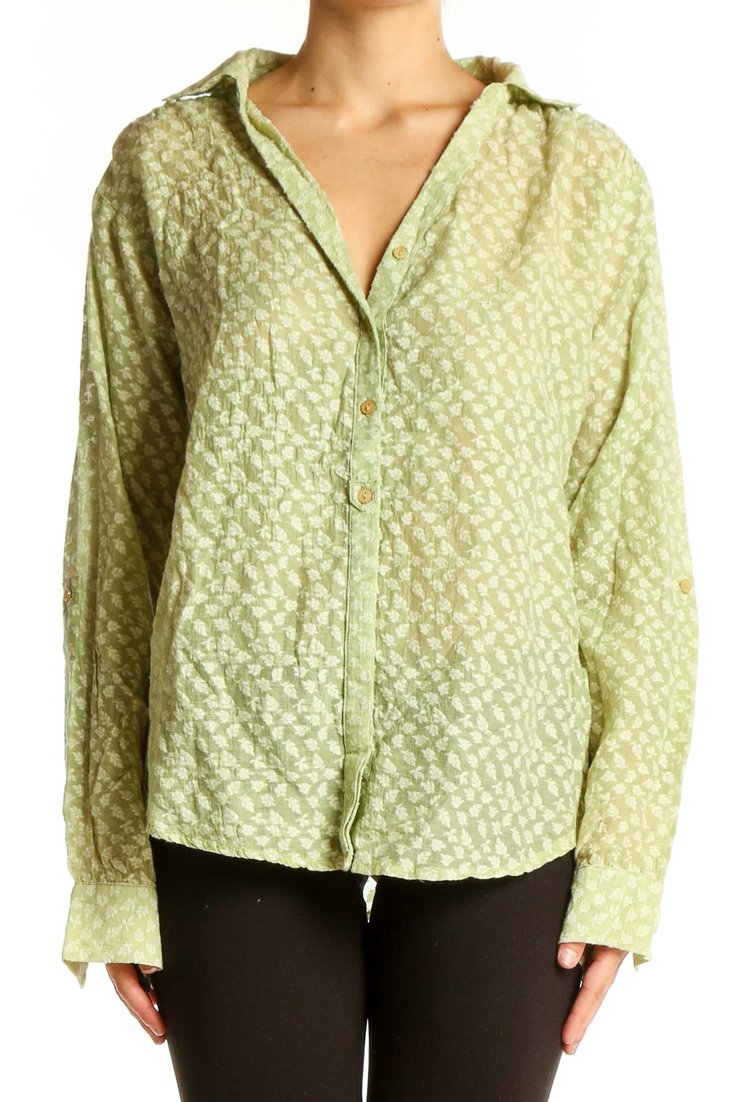 Sage Green Textured Button-Down Blouse Front