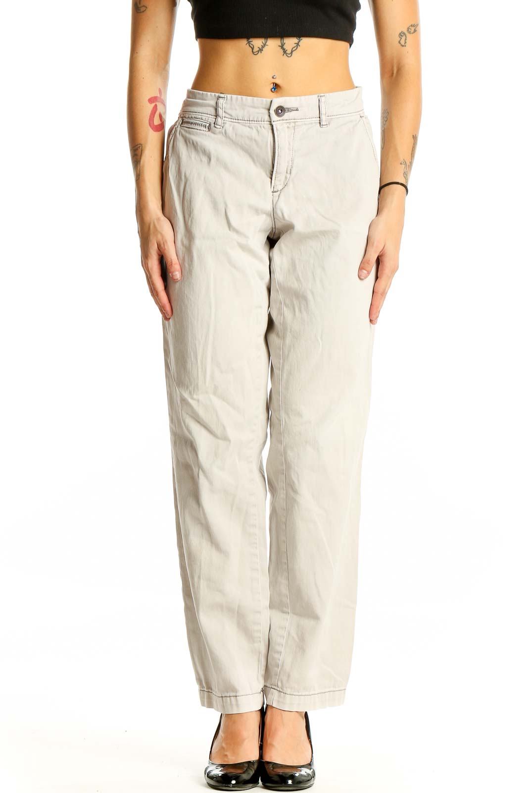 Beige Cotton-Blend Straight-Leg Pants Front