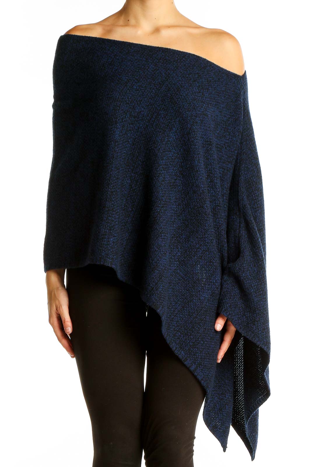 Navy Blue Off-Shoulder Asymmetric Knit Poncho Front