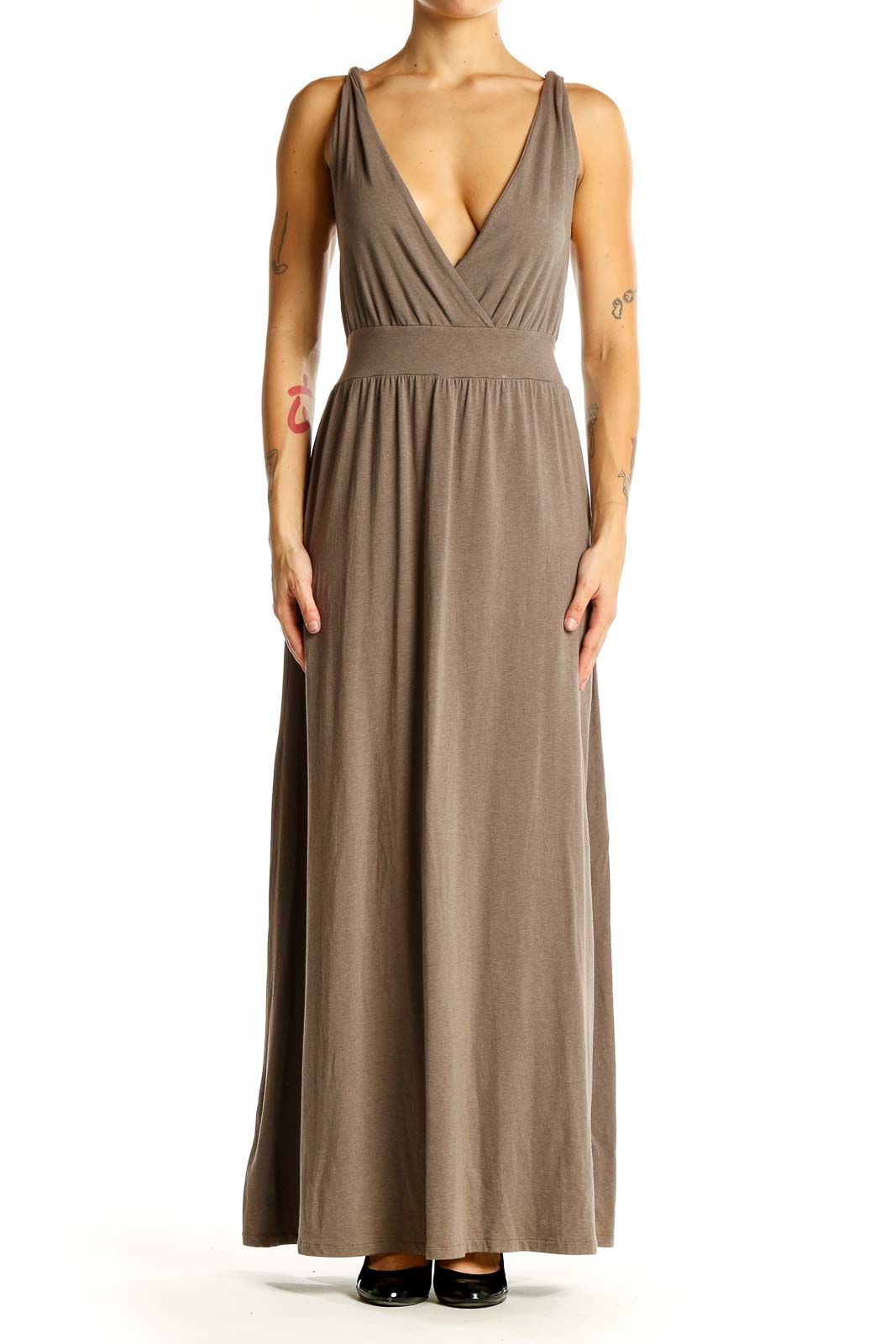 Taupe V-Neck Sleeveless Maxi Dress Front