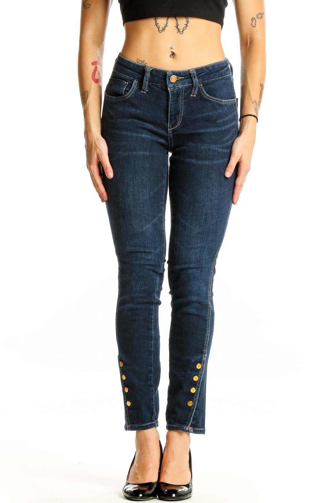 Dark Blue Skinny Jeans with Gold Buttons Front