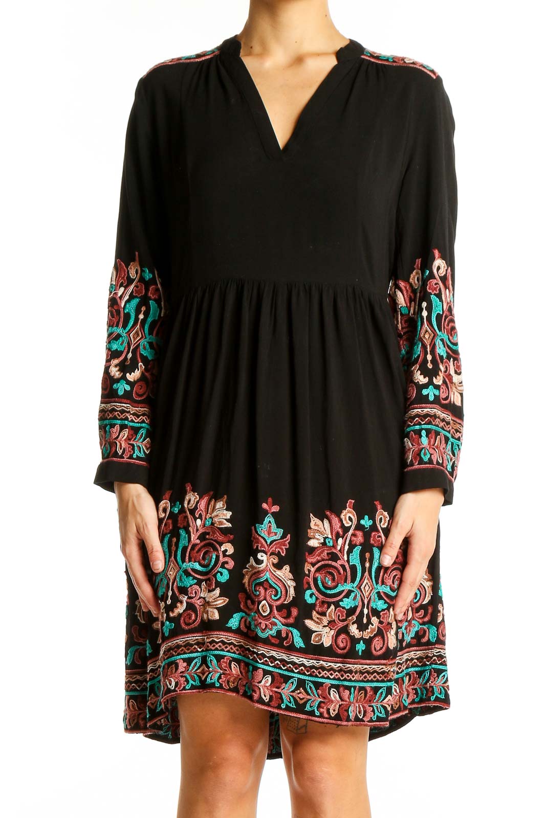 Black Embroidered Boho Midi Dress Front
