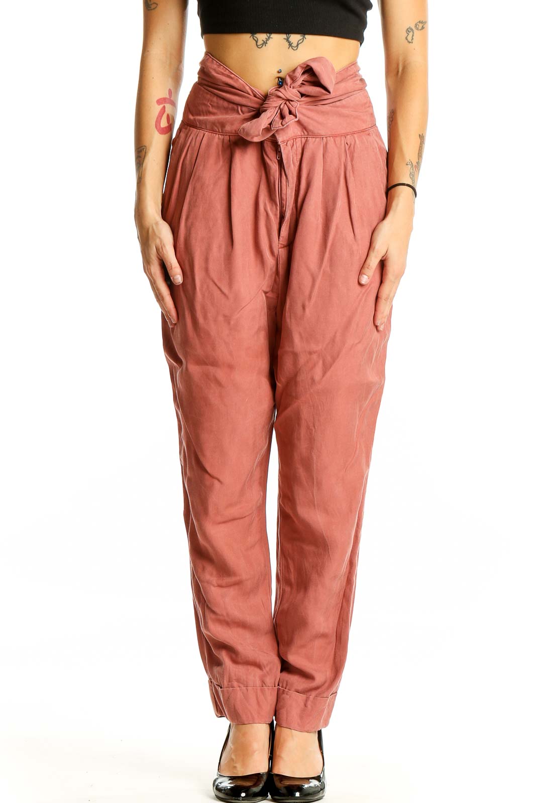 Terracotta Lyocell High-Waisted Tie-Front Pants Front