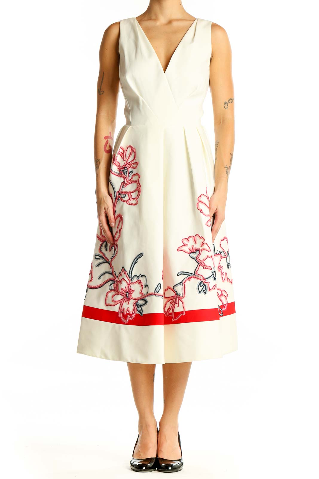 White Floral Embroidered Midi Dress Front