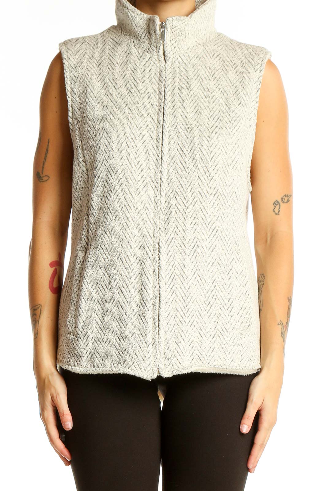 Cream Herringbone Textured Zip-Up Vest Front