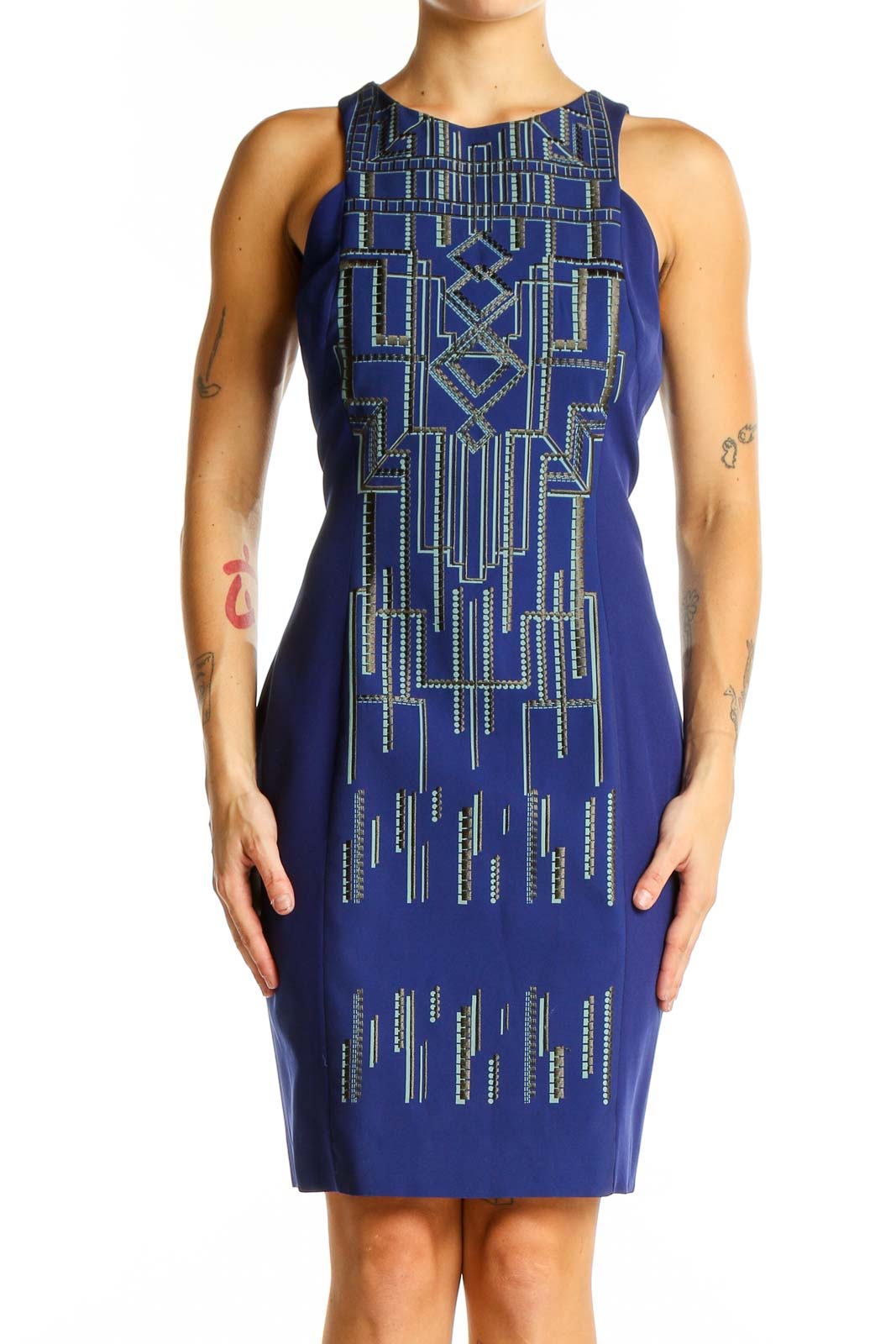 Blue Geometric Embellished Bodycon Dress Front