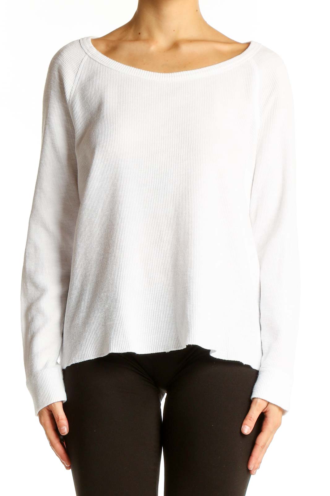 White Ribbed Cotton Scoop Neck Sweater Front