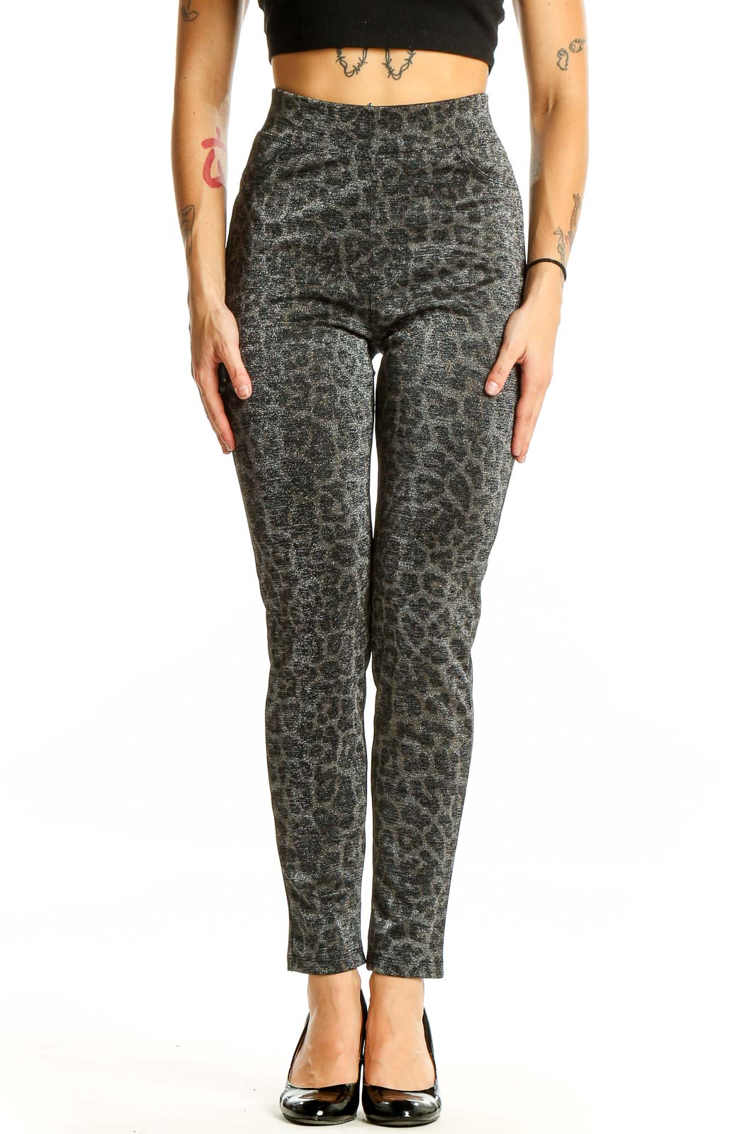 Gray Leopard Print High-Waisted Skinny Pants Front