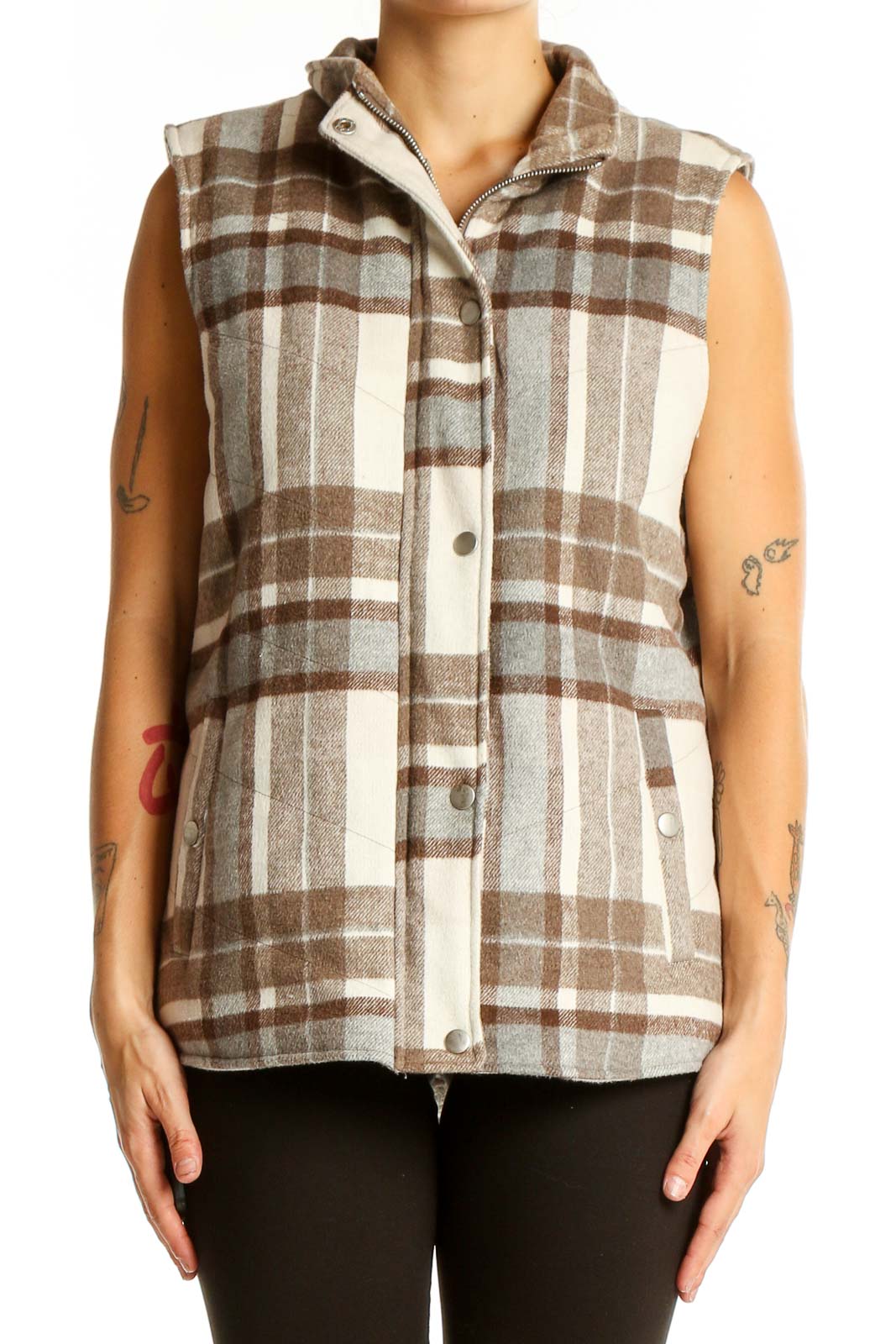 Brown Plaid Polyester Vest Front