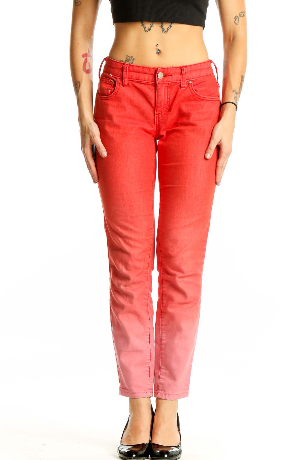 Red Ombre Denim Skinny Jeans Front