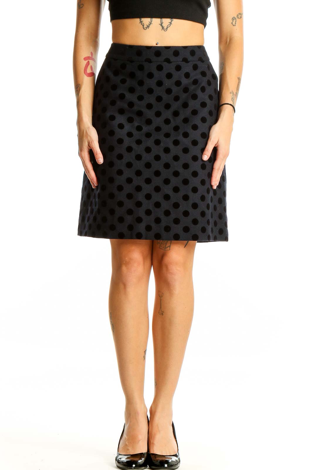 Black Polka Dot A-Line Knee-Length Skirt Front
