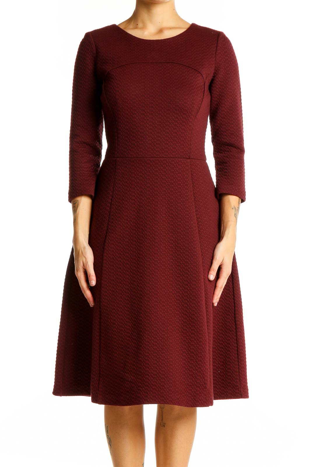 Burgundy Textured Fit-and-Flare Midi Dress Front