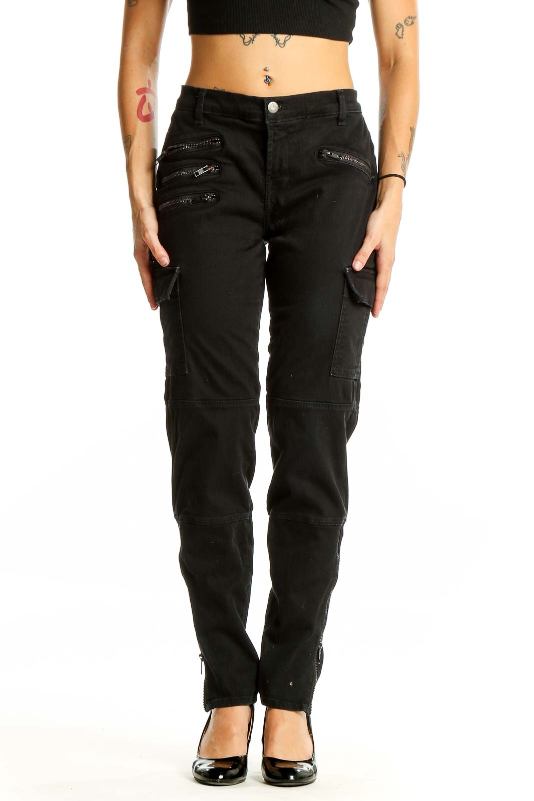 Black Cargo Denim Jeans with Zipper Details Front