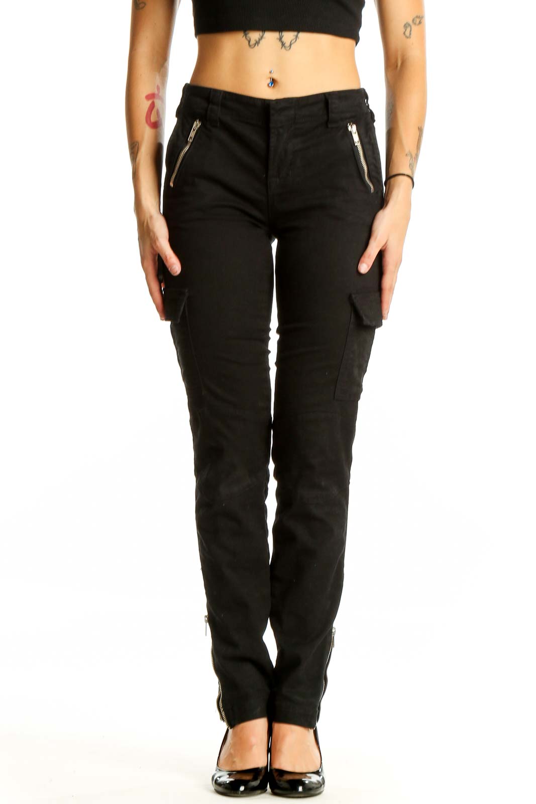 Black Cargo Denim Jeans Front