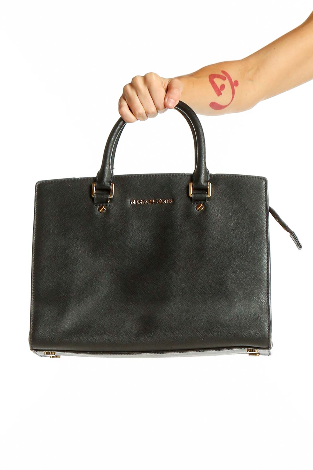 Black Leather Satchel Handbag Front