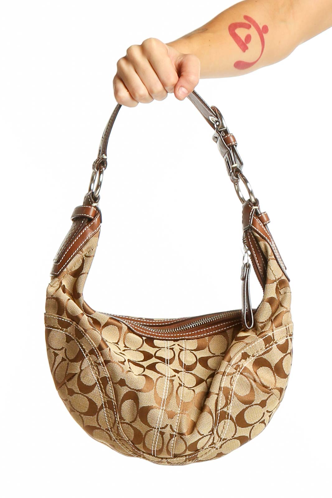 Beige Signature Canvas Hobo Bag Front