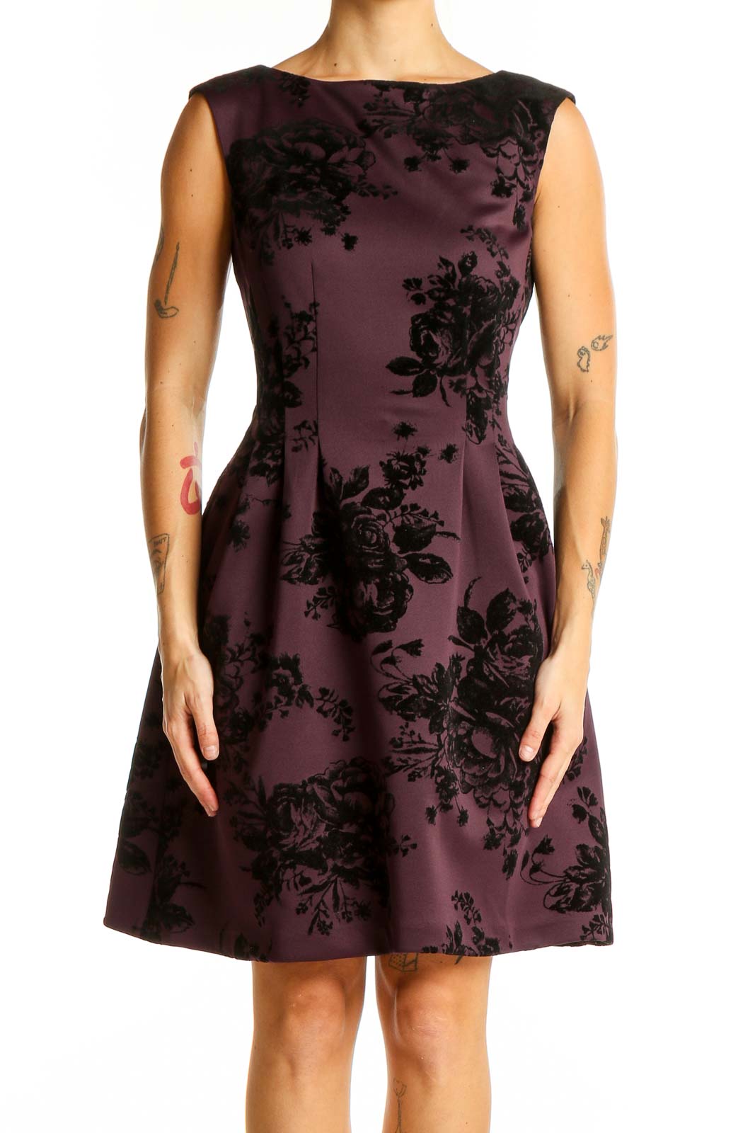 Plum Floral Print Fit-and-Flare Dress Front
