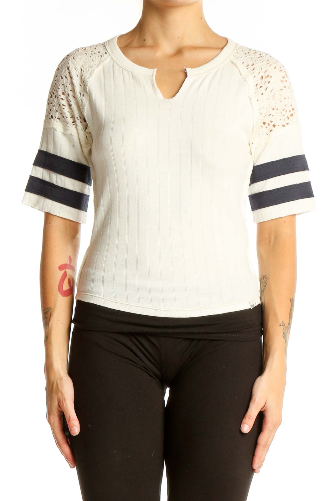 White Lace-Sleeve Striped Baseball Top Front