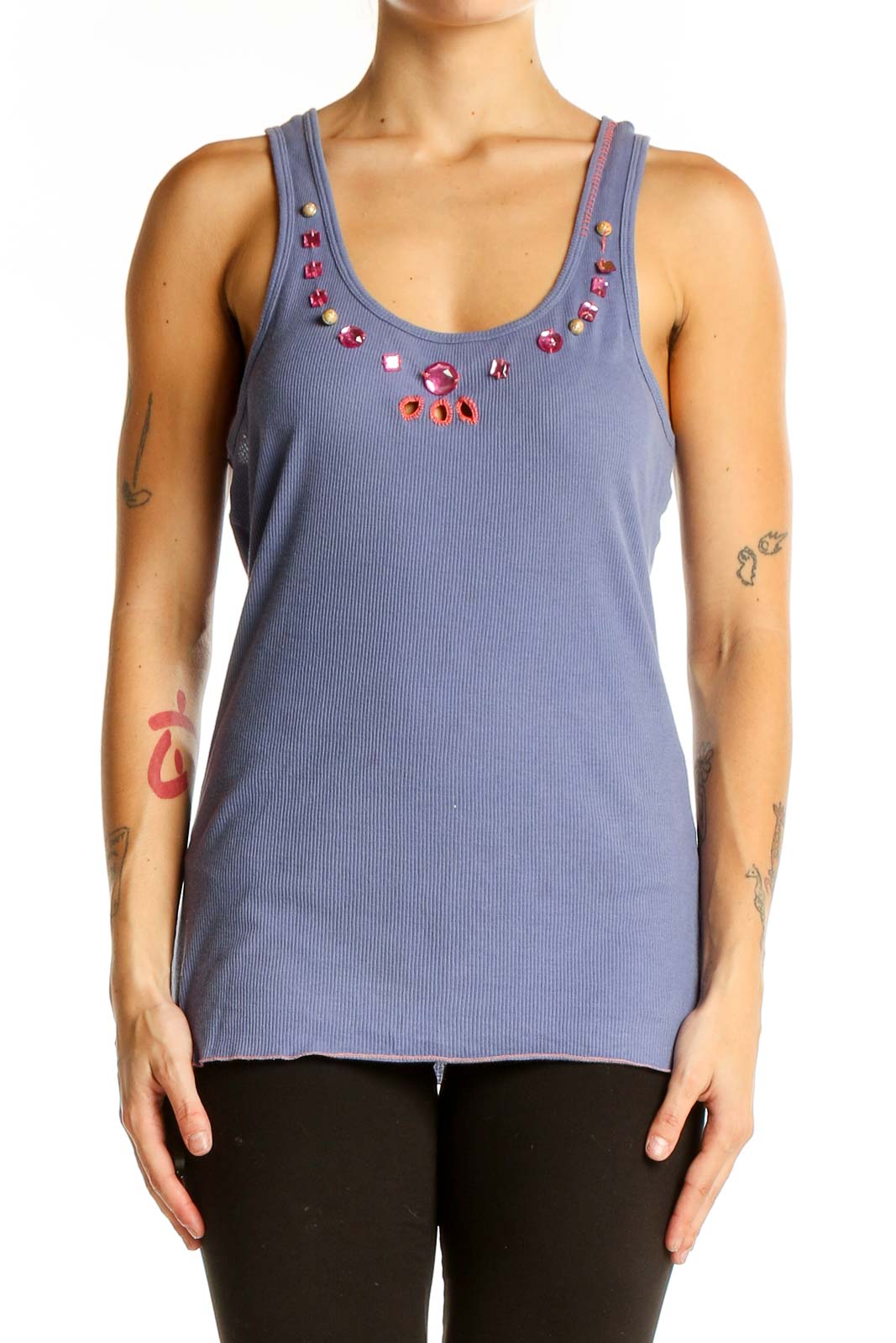 Lavender Ribbed Tank Top with Embellishments Front