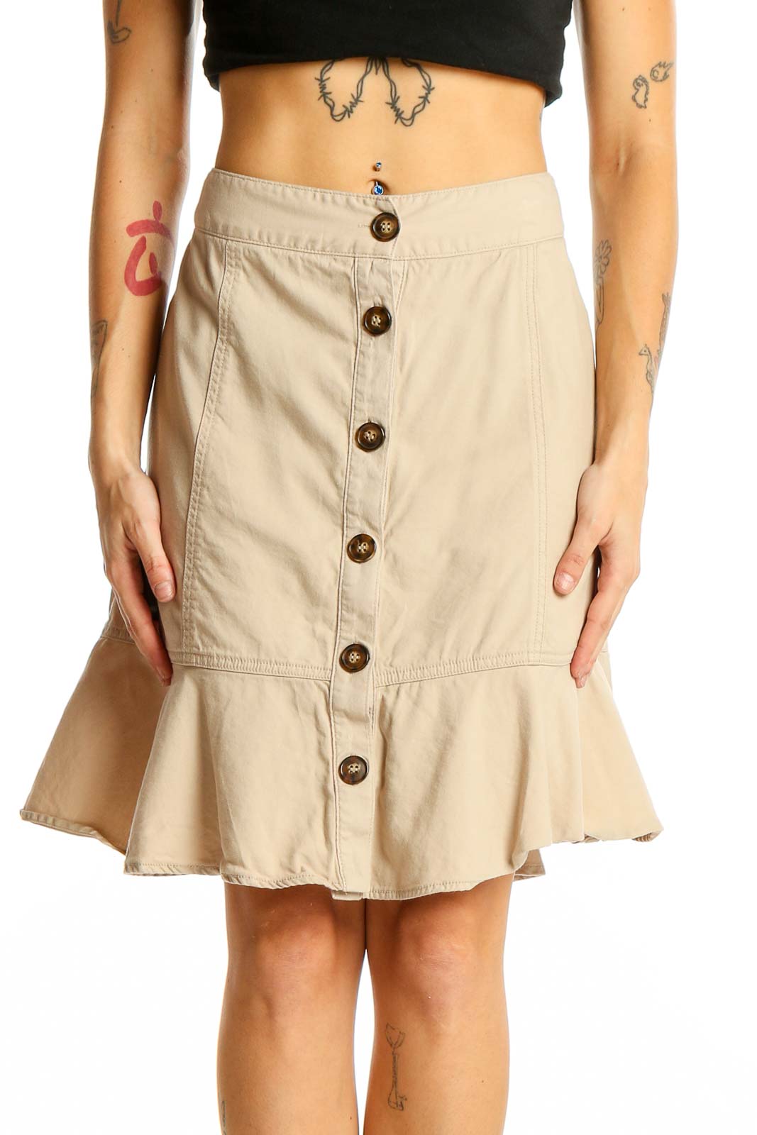 Beige Button-Front Flounce Hem Skirt Front