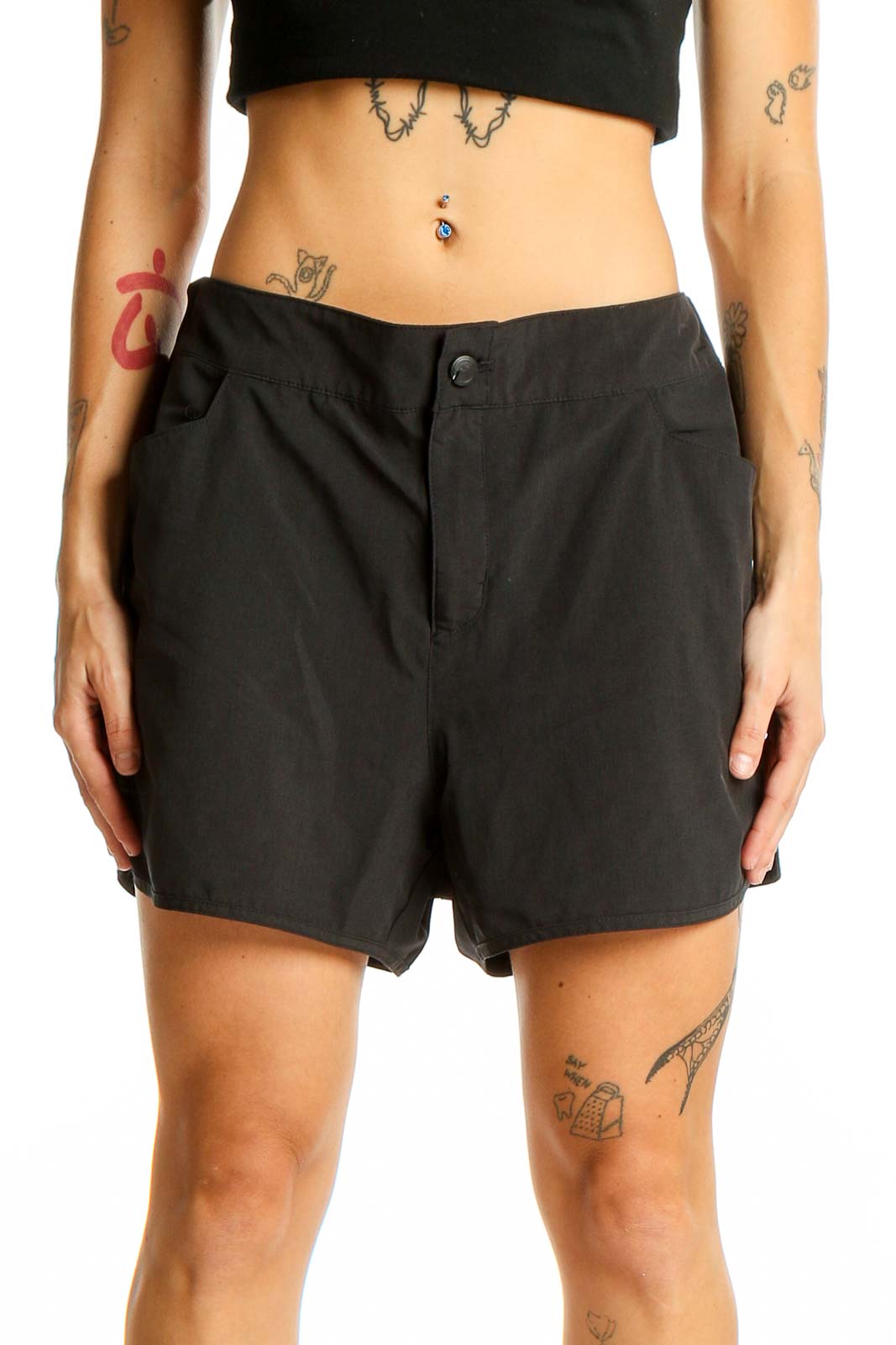 Black Polyester Blend Athletic Shorts Front