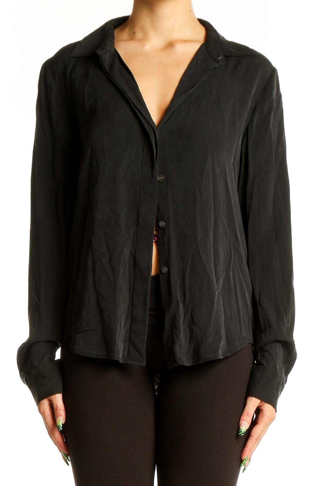 Black Silk-Blend Button-Up Blouse Front