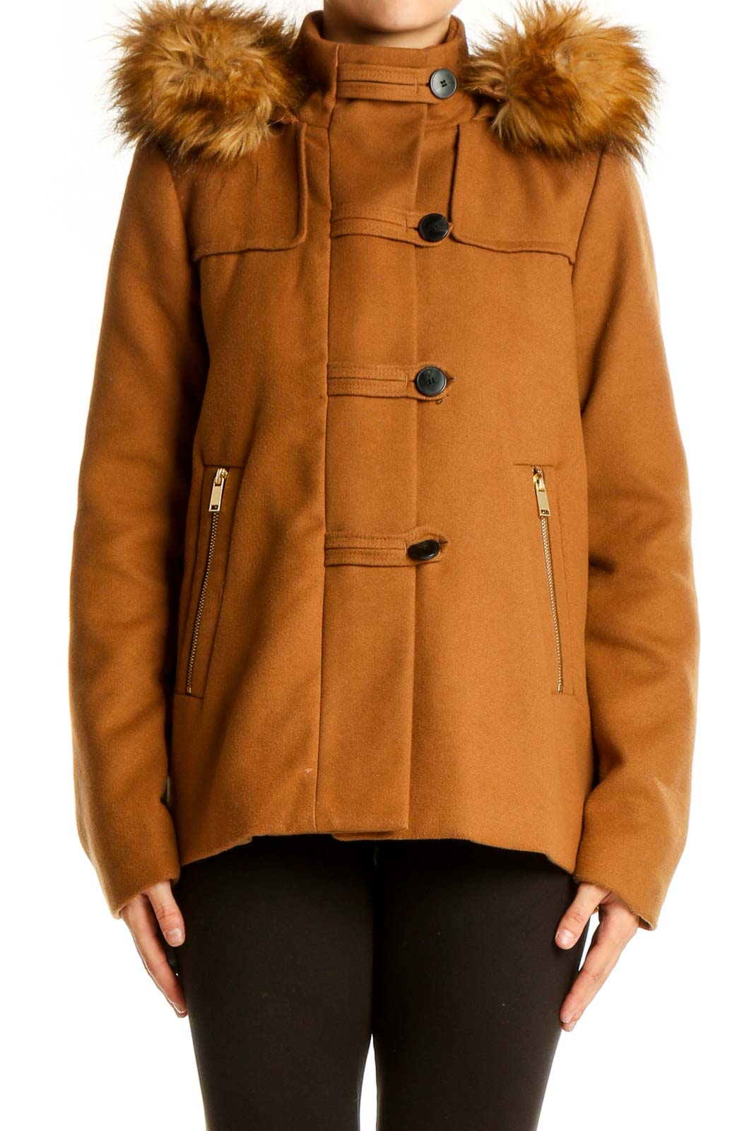 Camel Faux Fur Hooded Coat Front