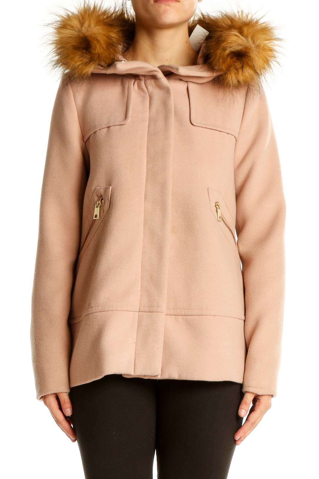 Beige Faux Fur Hooded Coat Front