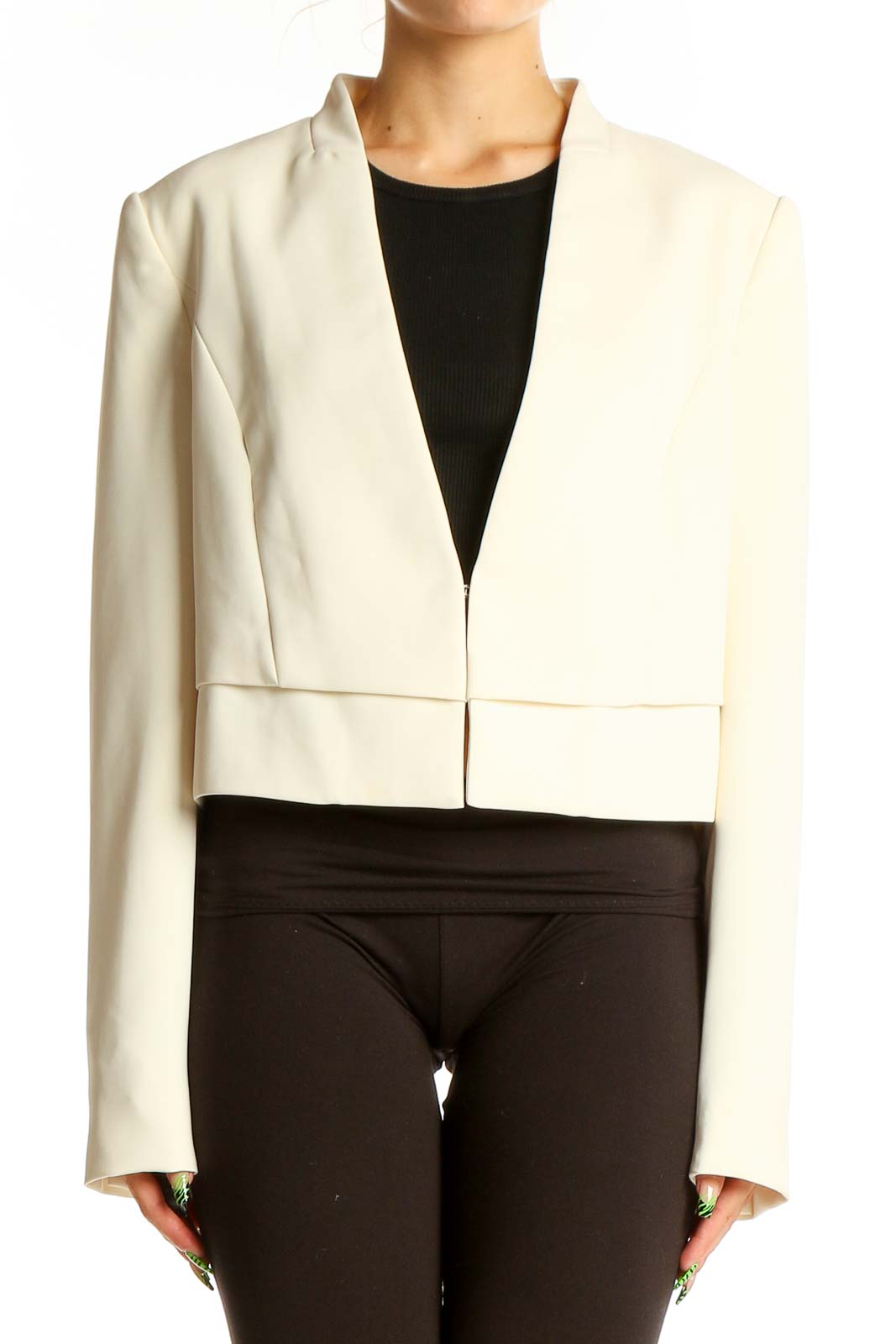 Ivory Cropped Open-Front Jacket Front