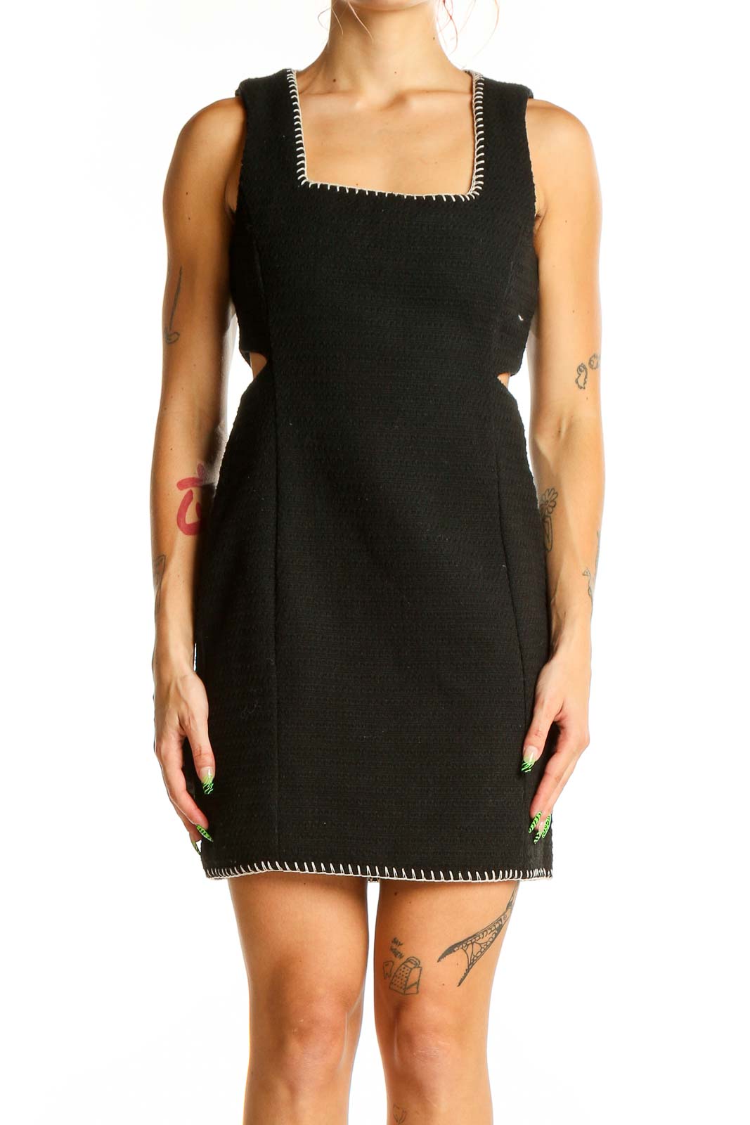 Black Textured Mini Dress with Cutouts Front