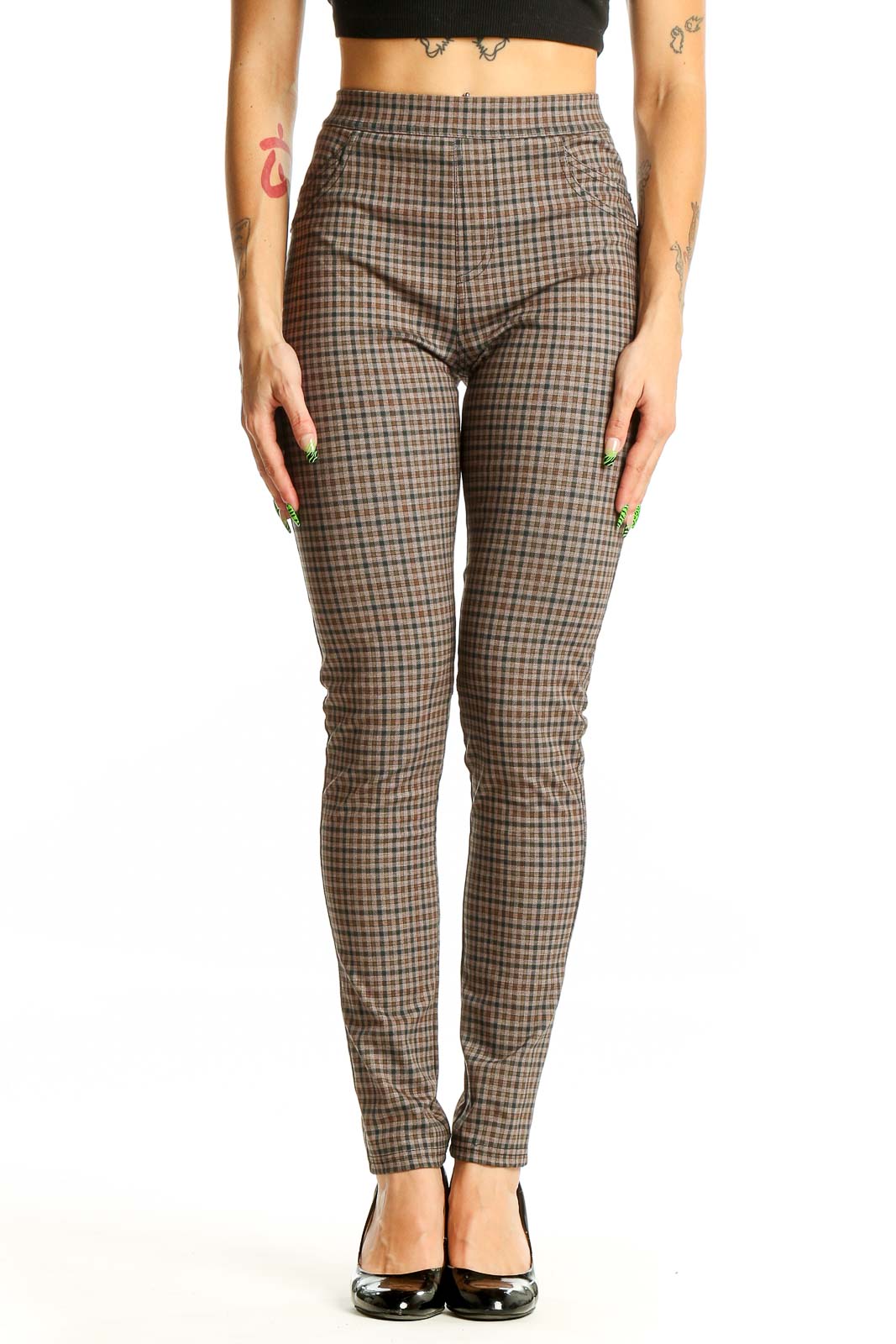 Brown Plaid High-Waisted Skinny Pants Front