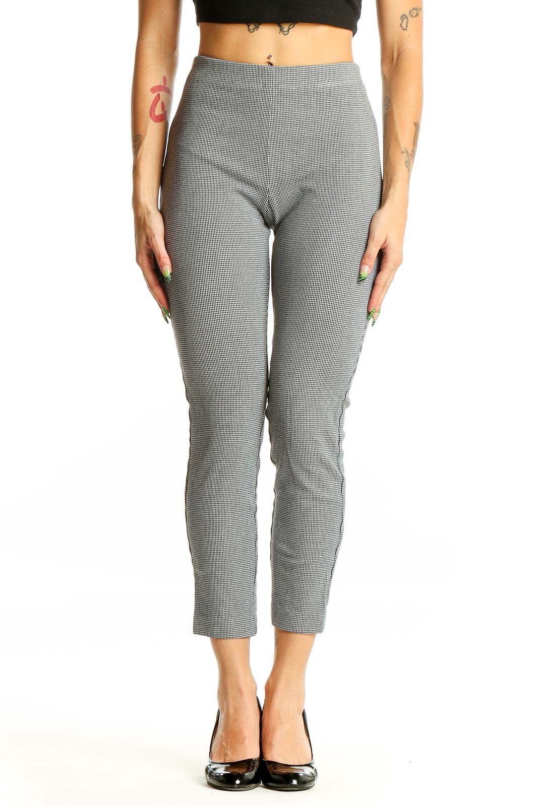 Gray Textured Cropped Slim Pants Front