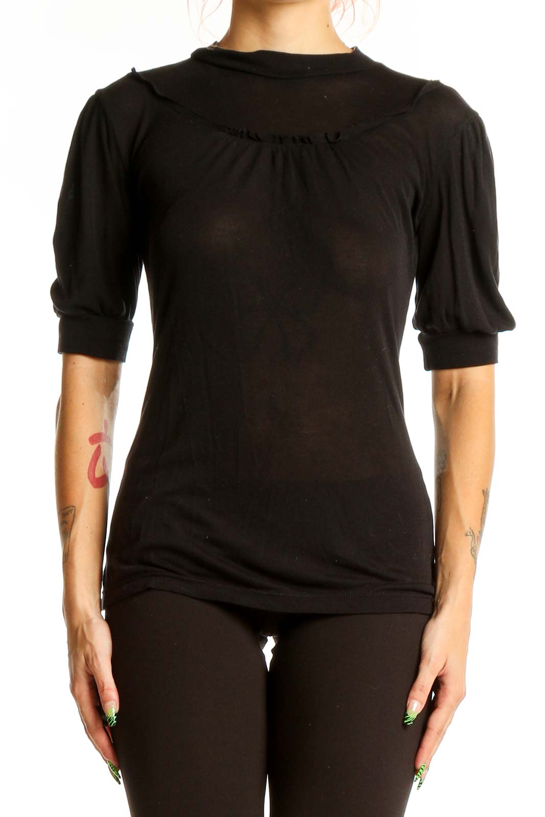 Black Tencel Puff Sleeve Top Front