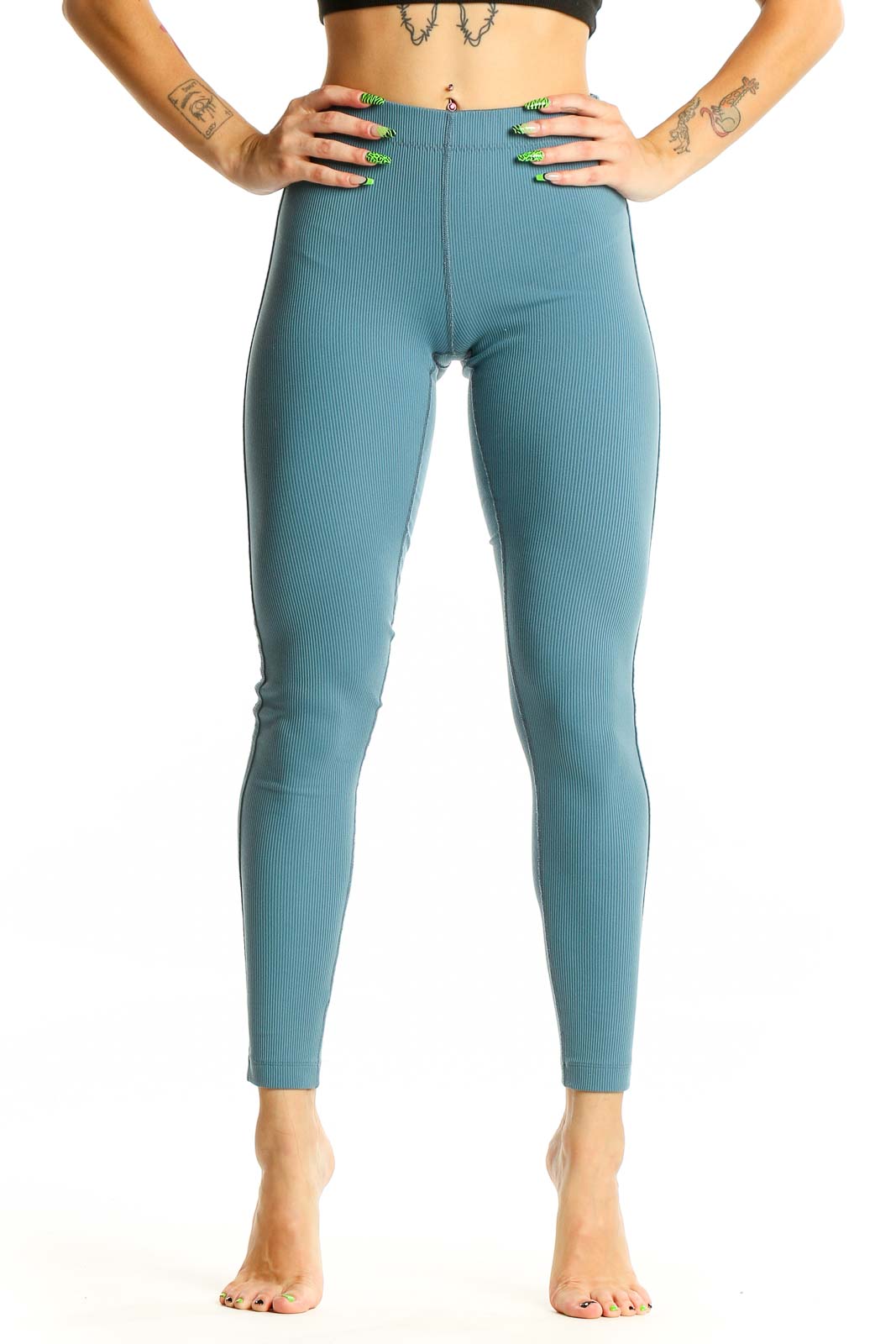 Teal High-Waisted Ribbed Activewear Leggings Front
