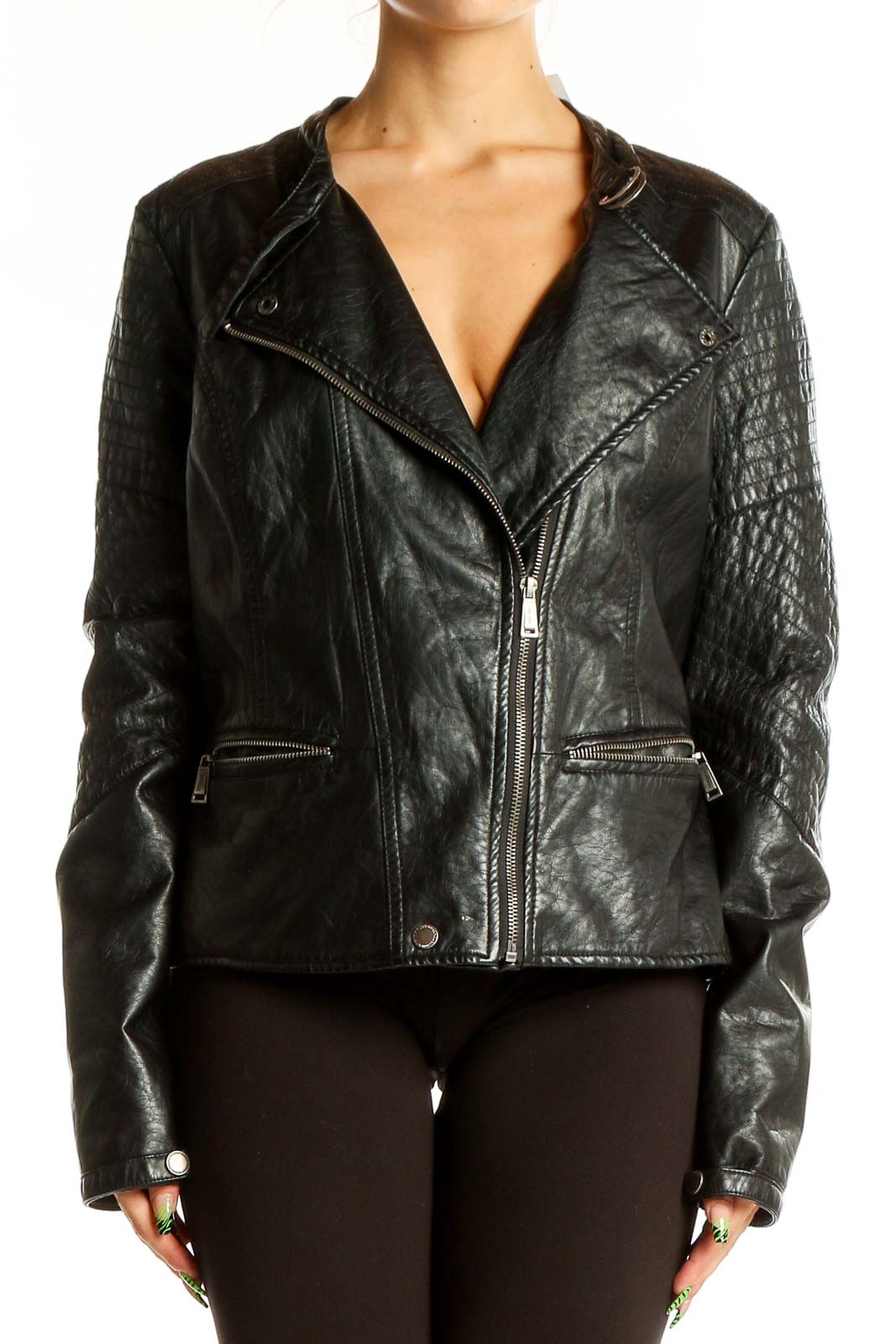 Black Quilted Leather Moto Jacket Front