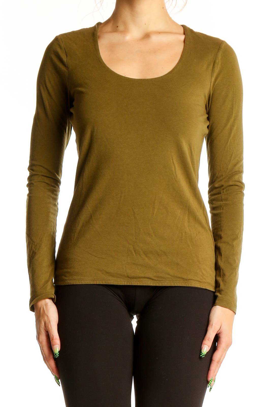 Olive Long Sleeve Scoop Neck Top Front