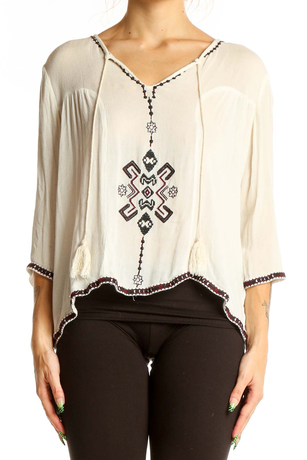 White Embroidered Rayon Peasant Top Front