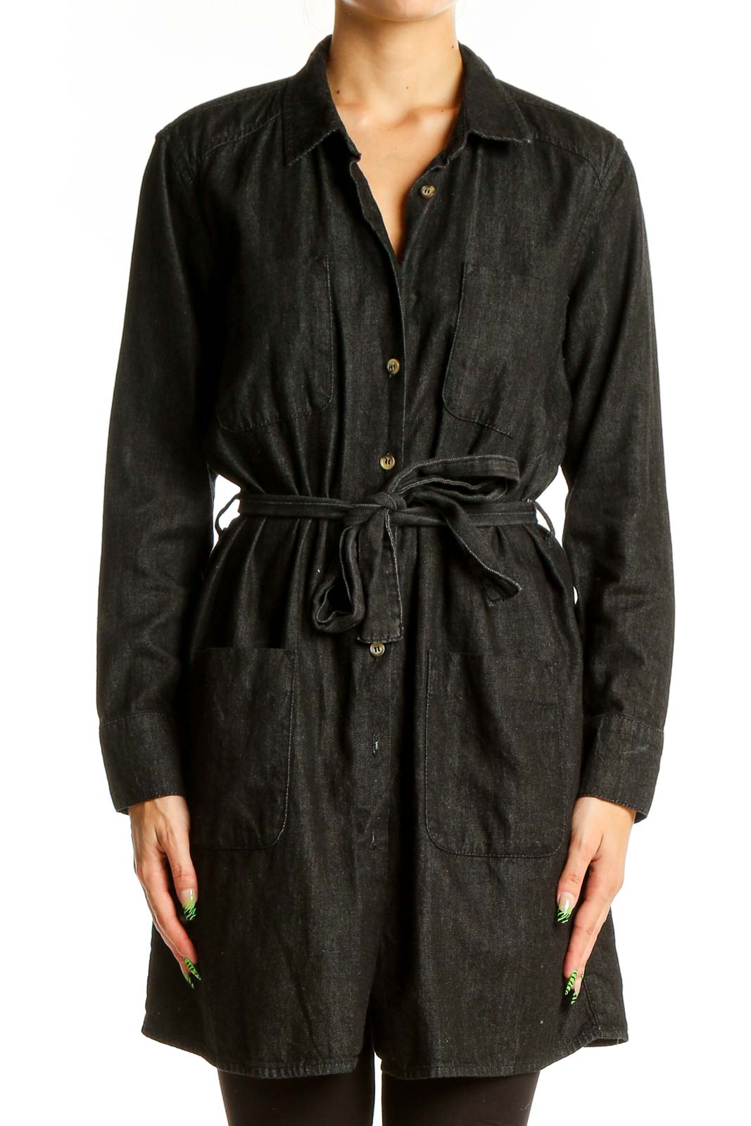 Black Cotton Button-Up Shirt Dress Front