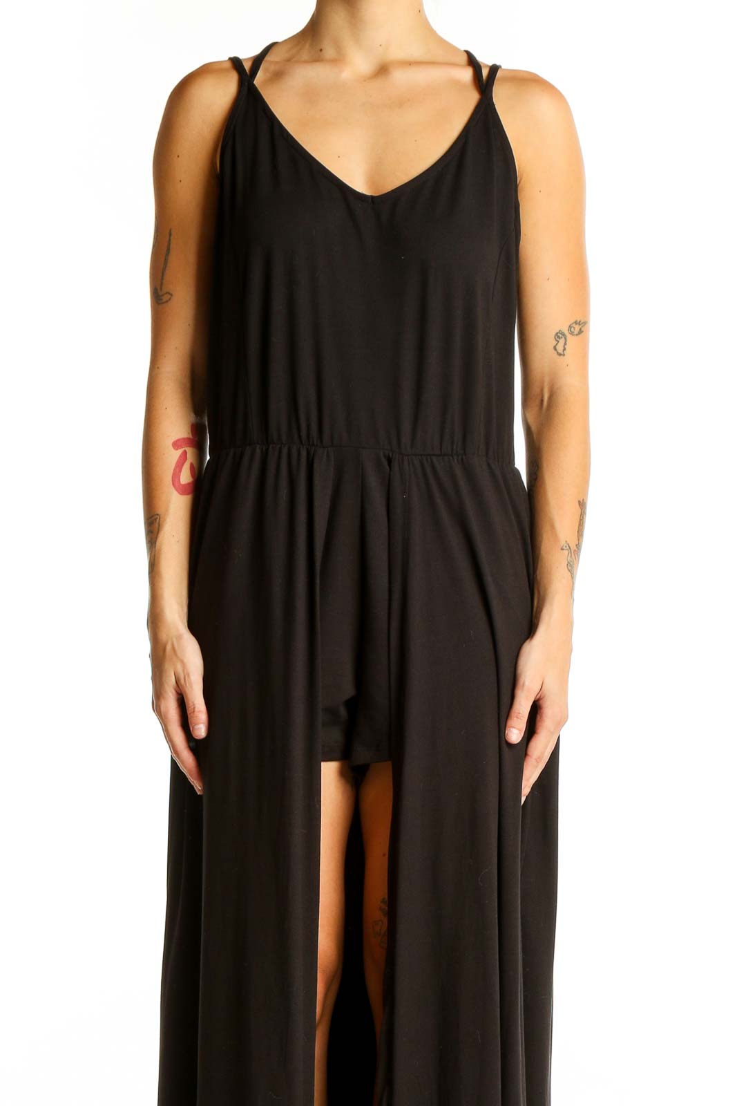 Black Elegant Maxi Dress with Spaghetti Straps Front