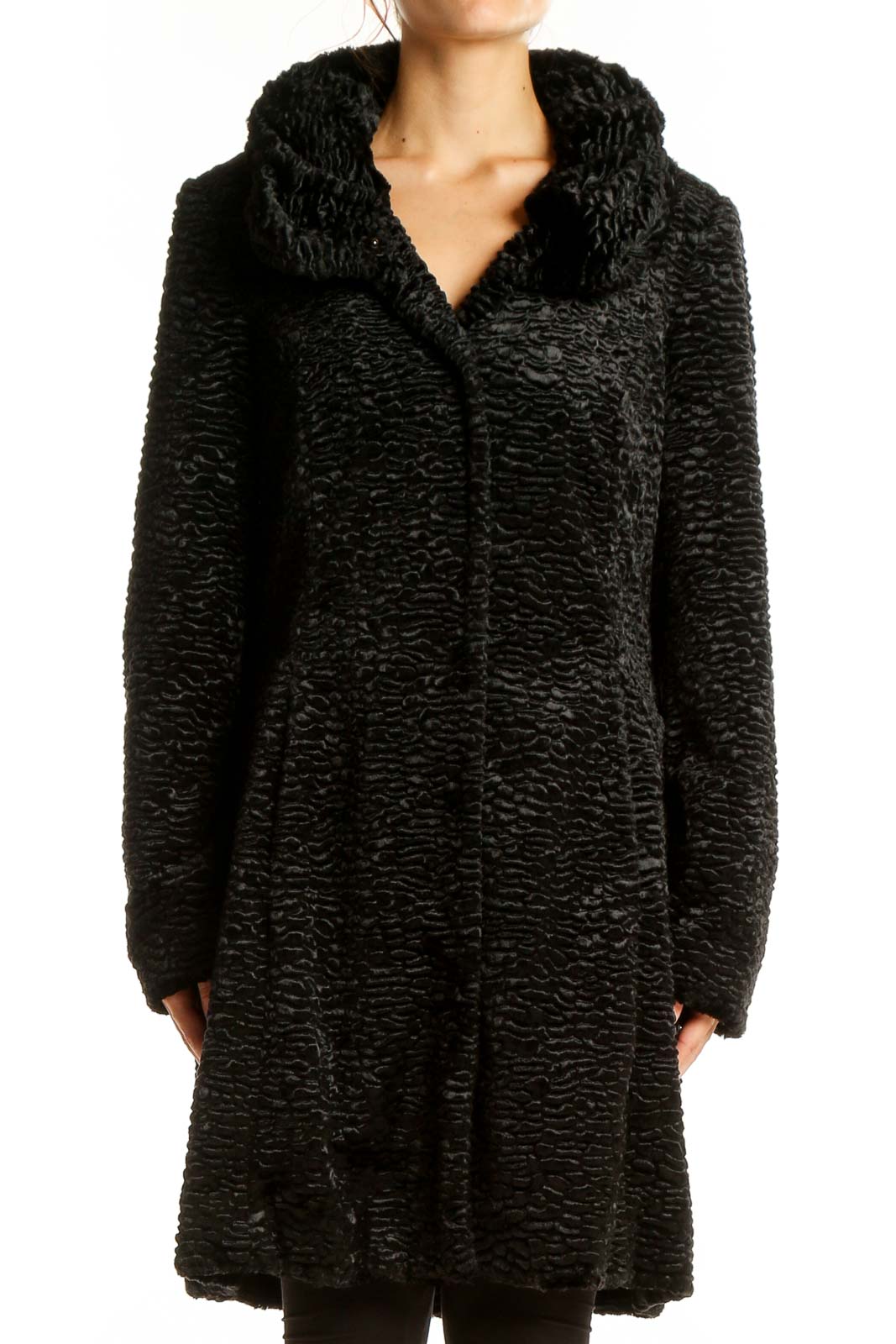 Black Textured Faux Fur Coat Front