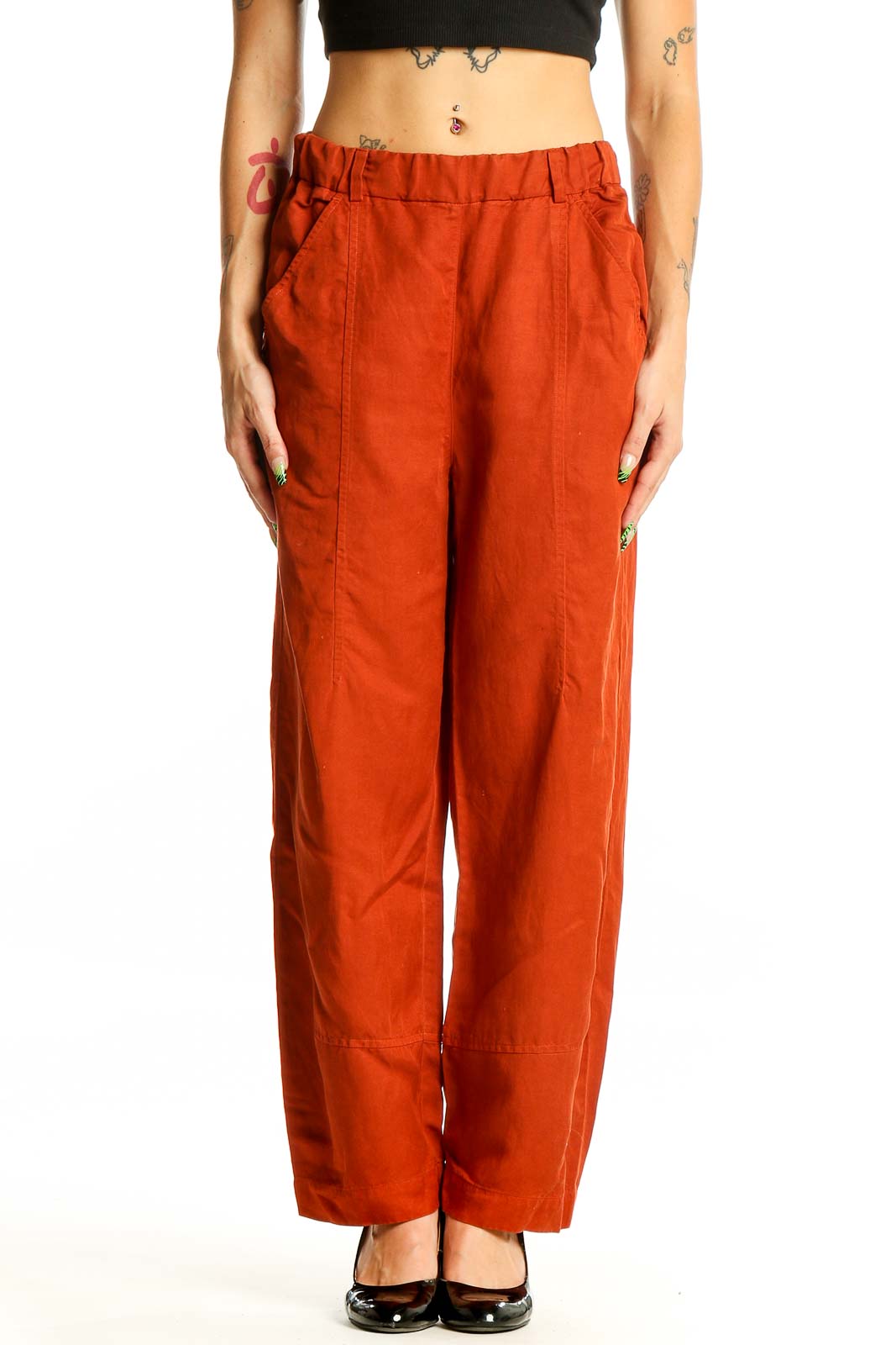 Rust Linen Blend Wide-Leg Pants Front
