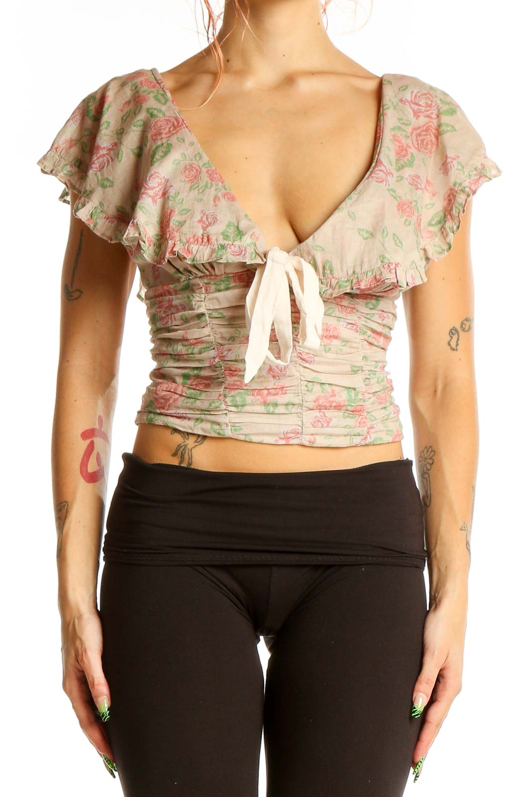 Beige Floral Ruched Crop Top Front