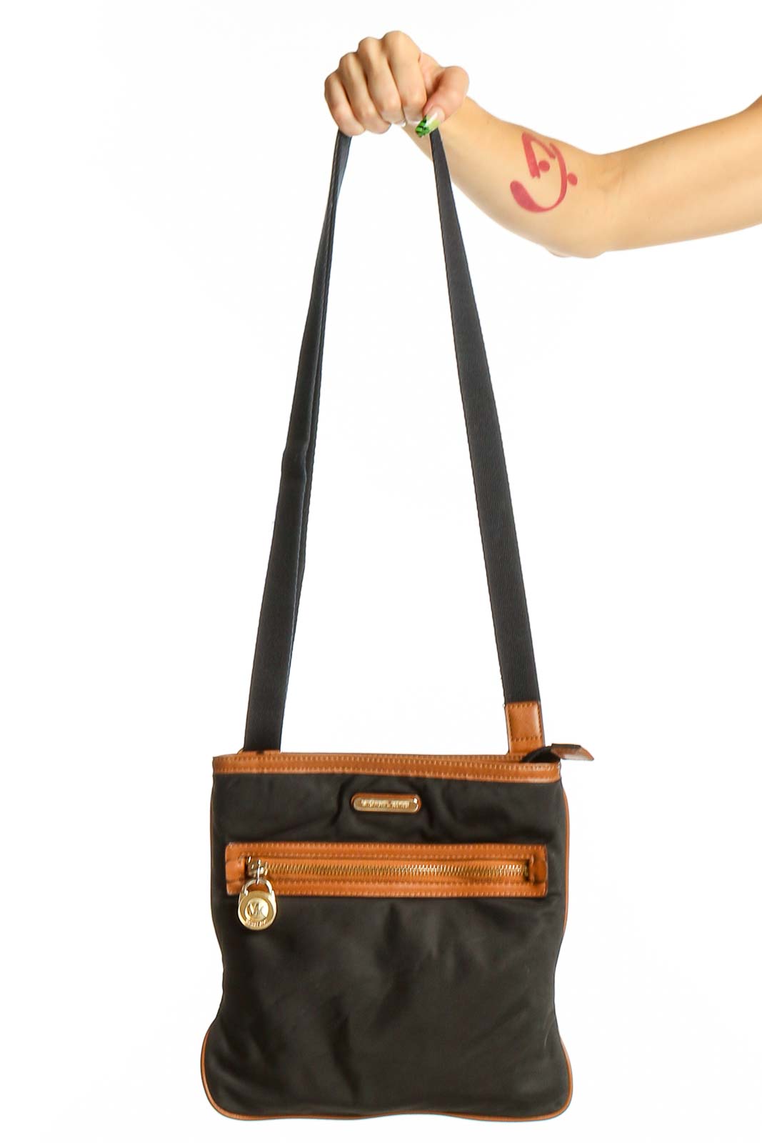 Black Leather Crossbody Bag with Brown Trim Front