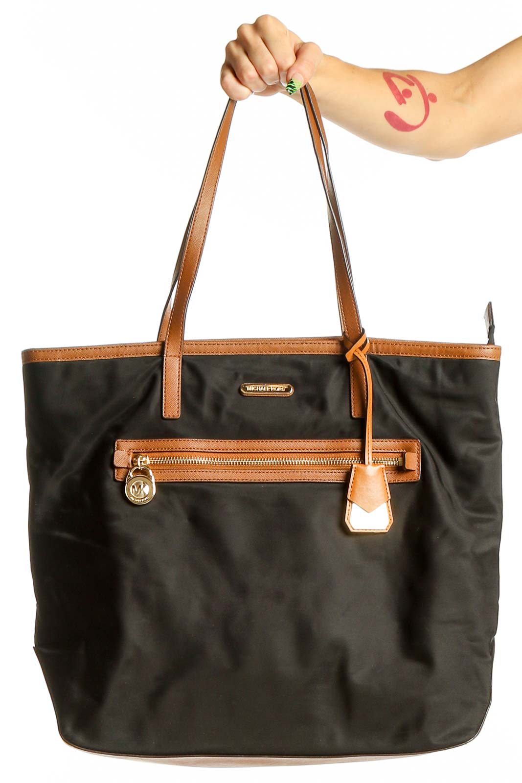 Black Leather Tote Bag with Brown Trim Front
