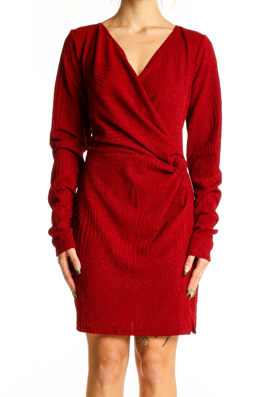 Red Metallic Wrap Dress Front