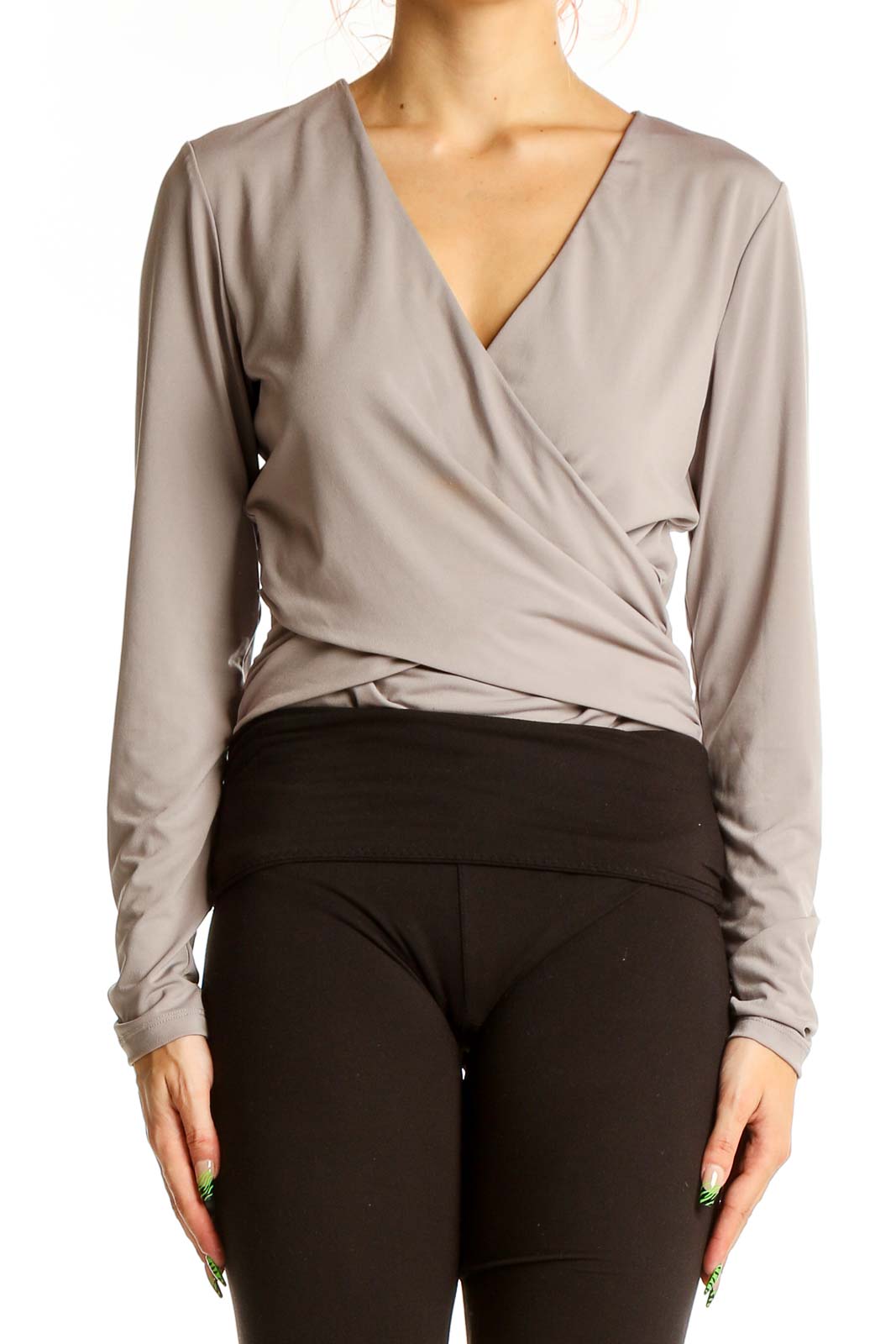 Gray Wrap-Style Long Sleeve Top Front